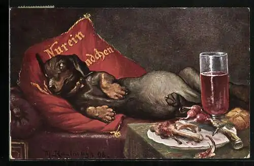 Künstler-AK Dackel liegt vollgefressen auf einem Kissen, vor ihm der leere Teller