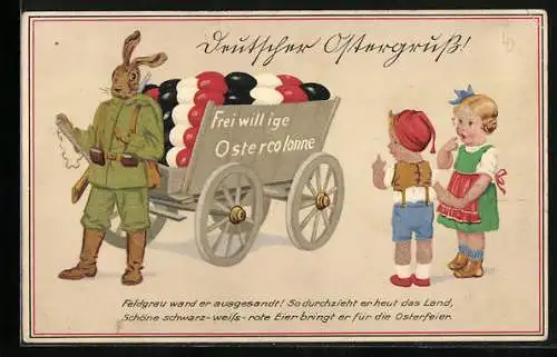 Künstler-AK Lia Döring: Osterhase in Uniform zieht einen Karren, Freiwillige Ostercolonne