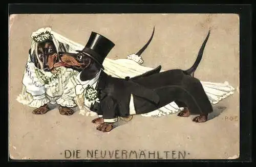 Künstler-AK P.O.Engelhard (P.O.E.): Dackel als Brautpaar, Die Neuvermählten