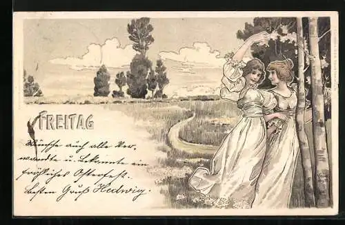 Künstler-AK H. Fründt: Wochentag, Freitag, Frauen am Baum mit Blumen, Jugendstil