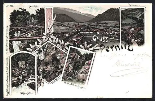 Lithographie Pernitz, Myrafälle, Steinwandklamm, Gesamtansicht