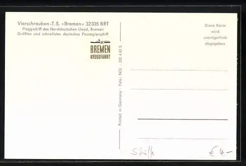 AK Vierschrauben-T.S. Bremen, Flaggschiff des Norddeutschen LIoyd Bremen