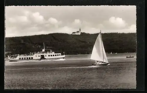 AK Andechs, Motorschiff Utting auf dem Ammersee mit der Klosterburg