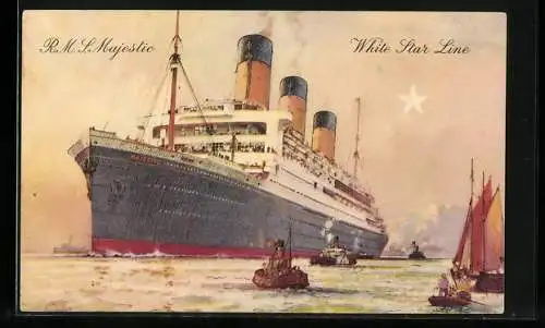 Künstler-AK Passagierschiff RMS Majestic der White Star Line sticht in See