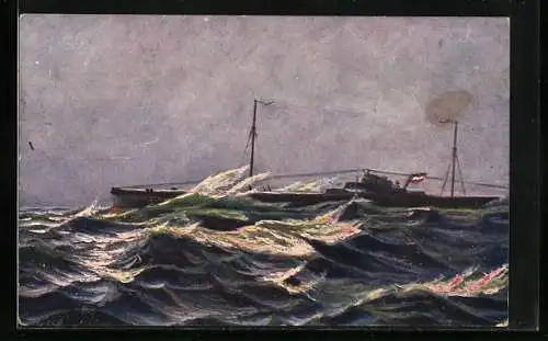 Künstler-AK Handelsunterseeboot Deutschland im Atlantik