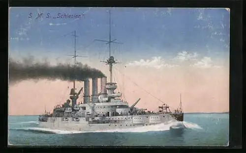 AK Kriegsschiff SMS Schlesien unter Volldampf