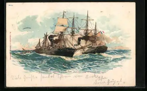 Lithographie Kampf zwischen Kriegsschiff Meteor und Kriegsschiff Bouvet. Habana, 9.11.1870, Reichseinigungskriege