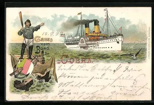 Lithographie Passagierschiff Cobra auf See, Matrose mit Ruder