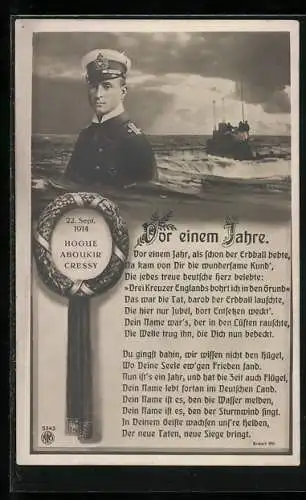 AK Kapitänleutnant Otto Weddigen mit seinem U9 U-Boot bei der Zerstörung der engl. Schiffe Hogue, Aboukir und Cressy