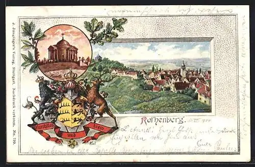 Passepartout-Lithographie Rothenberg / Stuttgart, Kapelle, Ortsansicht, Wappen