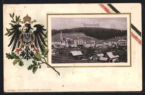 Passepartout-Lithographie Schönwald / Schwarzwald, Teilansicht mit Kirche, Wappen und Eichenlaub
