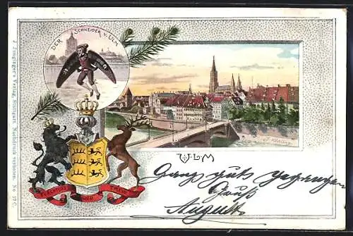 Passepartout-Lithographie Ulm / Donau, Partie an der Donau, Schneider von Ulm, Wappen