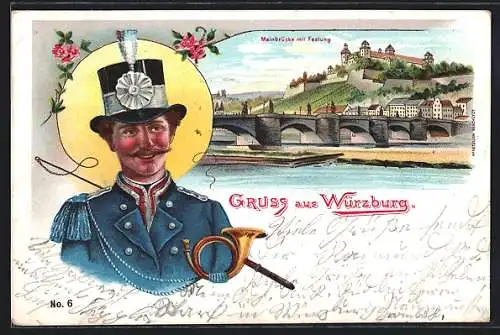 Lithographie Würzburg, Mainbrücke mit Festung, Postillon