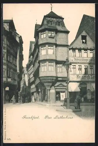 AK Frankfurt, Das Lutherhaus, Haus- und Küchenwaren Heinrich L.