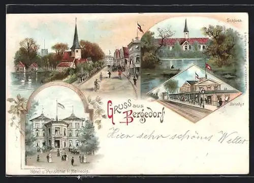 Lithographie Bergedorf / Hamburg, Hotel und Pensionat H. Meinecke, Schloss und Bahnhof