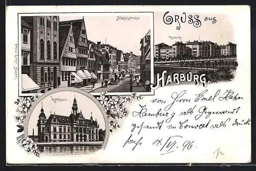 Lithographie Harburg, Kaserne, Rathaus, Mühlenstrasse