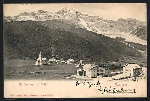 AK St. Gertraud /Suldental, Ortsansicht mit Ortler aus der Vogelschau