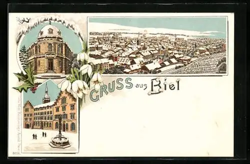 Winter-Lithographie Biel, Rathaus, Ortsansicht aus der Vogelschau