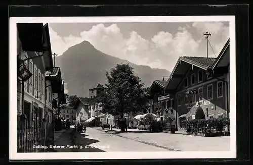AK Golling, Unterer Markt mit Kino und Gasthaus Hauslwirt gegen Kratzspitz