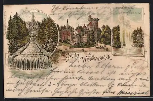 Lithographie Kassel, Wilhelmshöhe, Herkules mit den Cascaden, Löwenburg, Grosse Fontaine