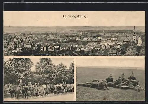 AK Ludwigsburg / Württemberg, Teilansicht, Soldaten mit Pferdegespann und mit Maschinengewehr