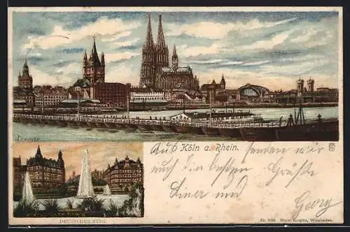 Künstler-AK Köln, Deutscher Ring mit Springbrunnen, Ortsansicht mit Dom