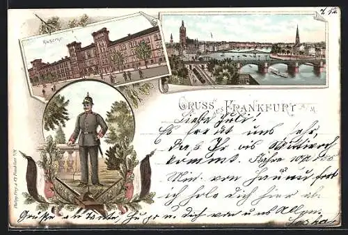 Lithographie Frankfurt a. M., Kaserne, Soldat, Ortsansicht mit Brücken