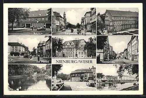 AK Nienburg / Weser, Bahnhof, Friedrich-Ebert-Schule, Arbeitsamt, Am Filmeck, Georgstrasse, Weserbrücke