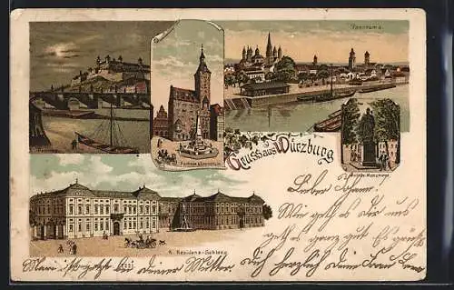 Lithographie Würzburg, Rathaus, K. Residenz-Schloss, Julius-Monument