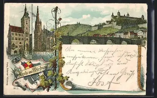 Lithographie Würzburg, Rathaus, Marien Capelle, Festung