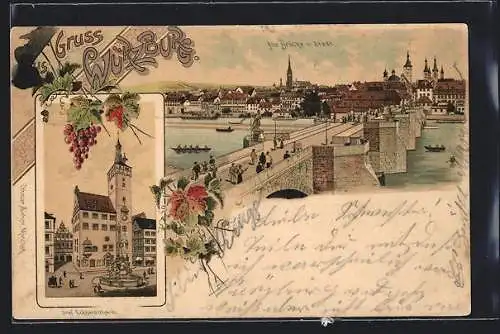Lithographie Würzburg, Graf Eckhardtthurm, Alte Brücke und Stadt