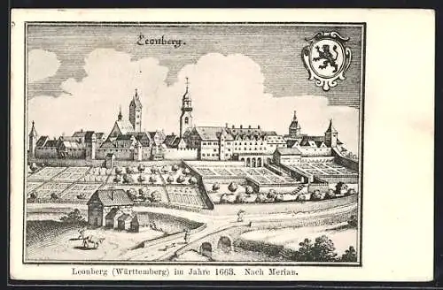 Künstler-AK Leonberg / Württ., Alte Ortsansicht nach Merian von 1663