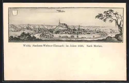 Künstler-AK Weida / Thür., Alte Ortsansicht nach Merian von 1650