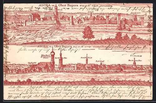 Künstler-AK Aicha vorm Wald, Teilansicht mit Spital, Pfarrkirche und Schloss 1634 u. 1704
