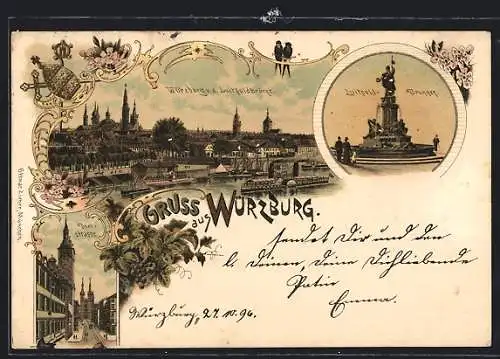Lithographie Würzburg, Teilansicht von der Luitpoldbrücke, Luitpold-Brunnen, Domstrasse