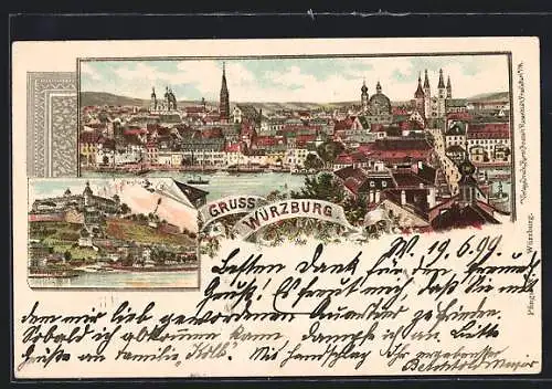 Lithographie Würzburg, Blick auf die Stadt