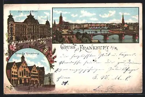 Lithographie Frankfurt, Ortsansicht, die Neue Post, Römer & Römerberg