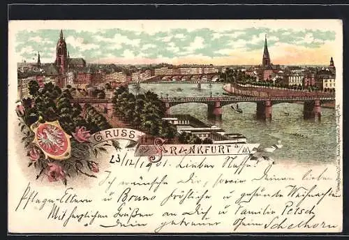 Lithographie Frankfurt a / M., Teilansicht mit Brücke