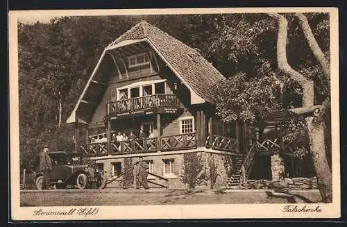 AK Simonscall /Eifel, Gasthaus Talschenke, davor ein Auto