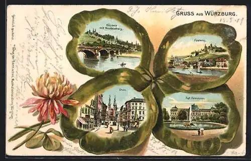 Passepartout-Lithographie Würzburg, Festung, Dom, Kgl. Residenz, Ansichten auf Kleeblatt