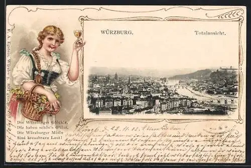 Lithographie Würzburg, Totaleansicht vom Ort, Frau mit einem Glas Wein