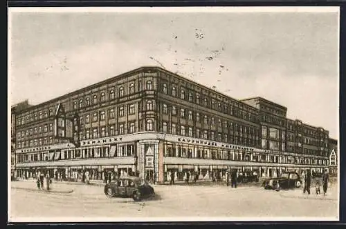 Künstler-AK Wien, Modekaufhaus A. Herzmansky, Mariahilferstrasse 26-28, Stiftgasse 1-7