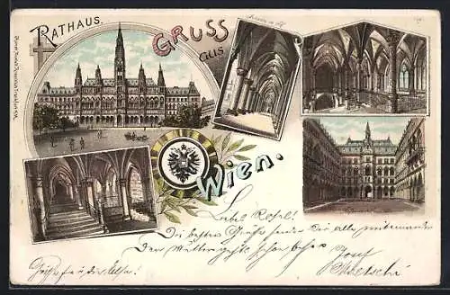 Lithographie Wien, Rathaus, Arkaden im Hof, Hofansicht und Wappen