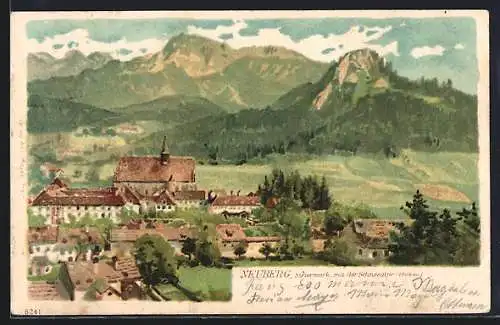 Lithographie Neuberg /Mürz, Ortsansicht mit der Schneealpe