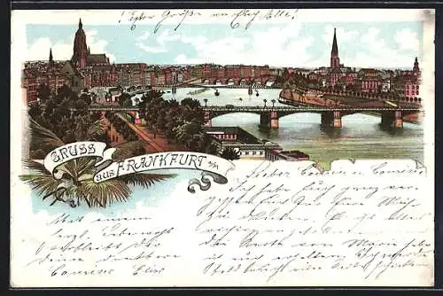 Lithographie Frankfurt, Gesamtansicht mit Mainbrücken, Strassenpartie und Dom