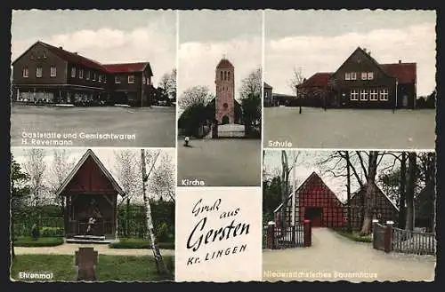 AK Gersten / Lingen, Niedersächs. Bauernhaus, Gaststätte H. Revermann, Kirche, Schule, Ehrenmal