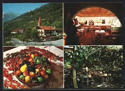 AK Meran-Gratsch, Restaurant Cafe Kircher, AUssenansicht, im gastraum, Obstkorb