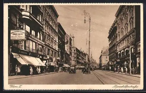 AK Wien, Mariahilfstrasse mit Leuten und Geschäften, Strassenbahn