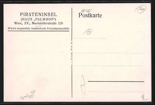 Künstler-AK Wien, Restaurant Pirateninsel (Haus Palmhof), Mariahilferstrasse 135