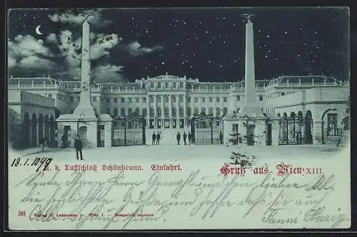 Mondschein-AK Wien, K. k. Lustschloss Schönbrunn, Einfahrt